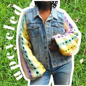Upcycled Denim Jacket with Pastel Crochet Balloon Sleeves